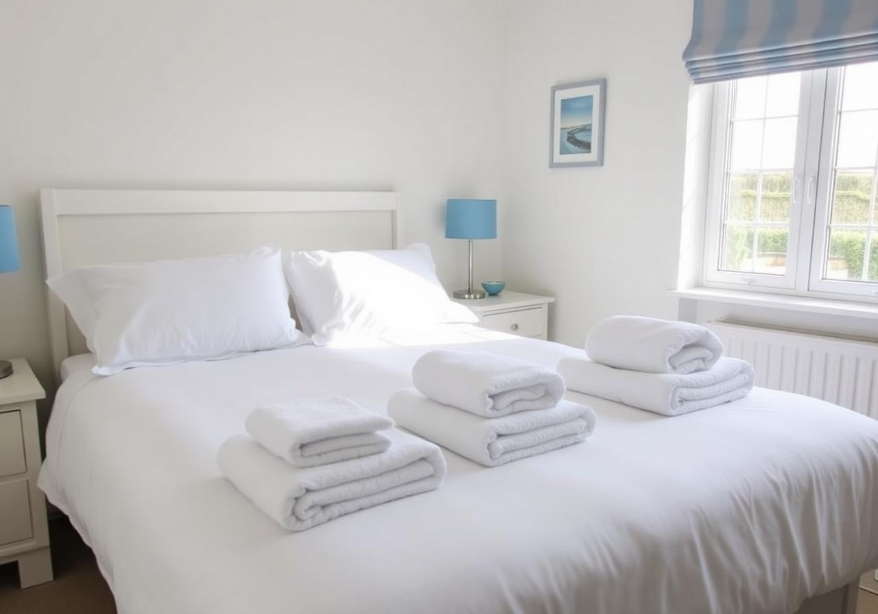 Crisp, freshly-turned-over holiday let bedroom ready for guests