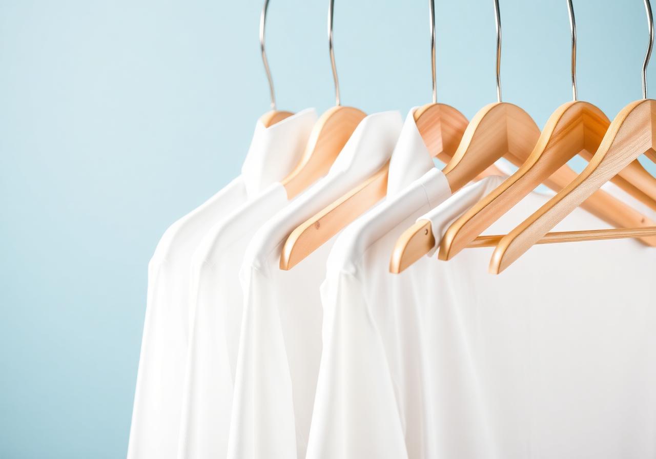 Freshly ironed crisp white shirts on wooden hangers
